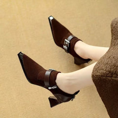 LIZAKOSHT  -  New Women HIgh Heeled Naked Boots/Booties,Ankle Botas Pointed Toe,Front Buckle Strap.Side Zip,Brown,Black,Dropship