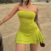 LIZAKOSHT - Hotties 2025 Solid Color Sexy Tube Top Short Dresses Strapless Off-shoulder Backless High Waisted Ruffles Folds Party Dress