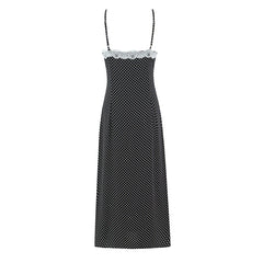 LIZAKOSHT - Retro French Style Black white Polka Dot Print Spliced Lace V Neck Chest Sling Midi Dress Women Backless Dresses Vestidos Femme