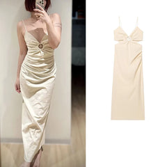 LIZAKOSHT - Long Dress Summer Women's 2025 New Fashion Slim V-neck Sling Hollow Elegant Summer Holiday Dress Women's Street Chic Youth Dress