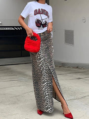 LIZAKOSHT - 100% Cotton Fashion Split Skirt Women's Leopard Print Slim Fit Long Skirt Summer Office Lady Loose Straight Skirt