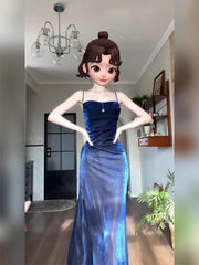 LIZAKOSHT - Women's Drape Neck Formal Maxi Dresses French Elegant Shinny Cocktail Party Dress Spaghetti Straps Mermaid Evening Gown