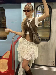 LIZAKOSHT - Lace Tierred Long Skirt Big Flower Decor Irregular Maxi Skirt Bottom Apricot Summer Spring Fashion Holiday Party Skirt