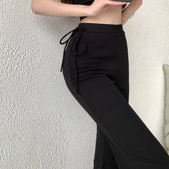 LIZAKOSHT - Korean Lace-up Pleated Solid Color Casual Pants Women Summer New High Street Sexy Slim Knitted Wide Leg Pants