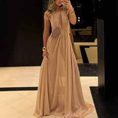 LIZAKOSHT - New Summer Deep V-neck Long Evening Dress with Folded Hanging Neck and backless Dress