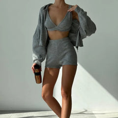 LIZAKOSHT - Autumn Winter Knitted Sport Two Piece Set for Women Sexy Hoodie Coat Bra Crop Top + Shorts Active wear Outfits Matching Set