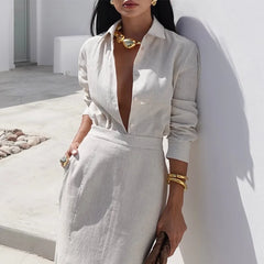 LIZAKOSHT - 2pcs Linen T Shirt+ Long Dress Suits Office Lady Long Sleeves Elegant Dress Suits Whin Summer High Waist Loose Uniform