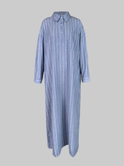 LIZAKOSHT  -  Long Stripe Shirt Dress Woman Blue Elegant Dress New Casual Pocket Lapel Button Loose Workplace Formal Dresses