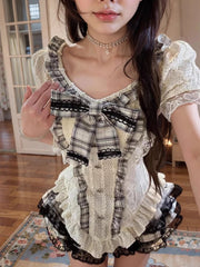 LIZAKOSHT - Japanese Sweet Kawaii Women 2 Piece Set Cute Bow Lace Tops +Mini Puffy Skirt New Fashion Harajuku Y2k Plaid Preppy Style Outfits