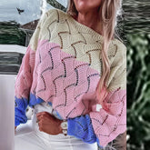 LIZAKOSHT  -  Autumn Elegant O-neck Pullover Sweaters Fashion Color Splicing Hot Sale Knitted Top Winter Women Casual Long Sleeve Loose Jumper