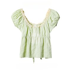LIZAKOSHT - Sweet Girl Fresh Lace Puff Short-sleeved Shirts Women's Summer Bow Lace-up Slim Short Temperament Pullover Tops Female Clothing