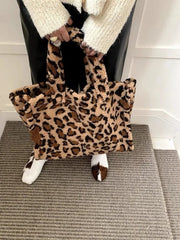 LIZAKOSHT - Korean Fashion Leopard Faux Fur Women Fluffy Tote Bags Handbags Large Capacity Girl Winter Plush Shoulder Bag