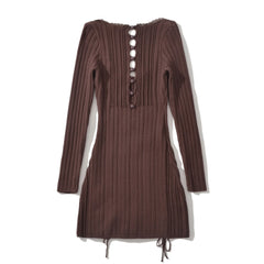 LIZAKOSHT - Women Slit Hem Hollow Out Hole Backless Full Sleeve Robe Sexy Spliced Lace O neck Low Chest Knitted Package Hips Mini Dress