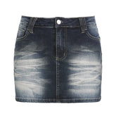 LIZAKOSHT - Streetwear Style Hot Mini Skirt Summer New Retro Wash Water Elastic Denim Low Waist Short Skirt Female