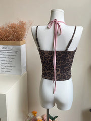LIZAKOSHT - Summer Women Korean Ballet Core Fake Two Pieces Camisole Coquette Dark Academia Leopard Print Crop Top Gyaru 2000s Aesthetic Hot