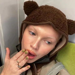 LIZAKOSHT Y2K Women Polar Fleece Ear Caps Autumn Winter Bomber Hat Cute Bear Warm Soft Earmuff Unisex Funny Beanie Skullies Travel Ski Cap