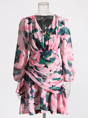 LIZAKOSHT - Print Irregular Dresses For Women V Neck Lantern Sleeve High Waist A Line Ruched Mesh Tunic Mini Dress Female Fashion New