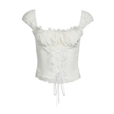 LIZAKOSHT - Vintage Fairy Straps Lace Trim Bustiers Crop Tops Summer Sweet Women Sleeveless Low Cut Cross Lace-up Corsets Y2K Aesthetic