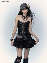 LIZAKOSHT - Spring Gothic Vintage Skinny Dark Punk 2 Piece Sets Women Hot Girl Y2k Slim Tops +Ruffle Design Mini Skirt Female Chic Outfits