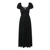 LIZAKOSHT  -  Summer Women Sexy Backless Long Dress Vintage Puff Sleeve Elastic Waist Female Holiday Party Robe Black White