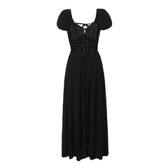 LIZAKOSHT  -  Summer Women Sexy Backless Long Dress Vintage Puff Sleeve Elastic Waist Female Holiday Party Robe Black White