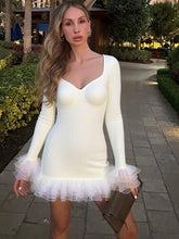 LIZAKOSHT - Patchwork Sexy V-neck Mesh Ruffle Women Dress White Flare Sleeve A-line Mini Dress Autumn Slim Elegant Party Clubwear