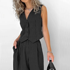 LIZAKOSHT - Office Lady Summer Striped Solid V Neck Buttons Sleeveless T-shirt and High Waist Wide Leg Pants Two Piece Sets For Women