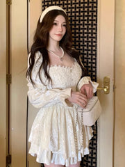 LIZAKOSHT - French Sweet Lace Spliced Princess Dress Autumn Long Sleeve Square Collar Beading Vestidos Elegant Retro Evening Party Clothing