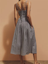 LIZAKOSHT - Women Ruched Dresses Striped Print Spaghetti Strap Sleeveless Backless Tie-Up A-line Dress with Pockets Vestidos