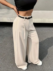 LIZAKOSHT - Plus Size Women's Beige High - Waisted Wide - Leg Trousers with Belt, Elegant & Casual Office - Ready Fashion