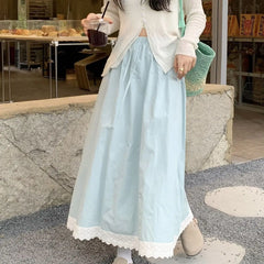 LIZAKOSHT - Fresh and Fashionable Lace Lace Splicing Half Skirt Summer New Versatile Loose High Waist Long Skirt