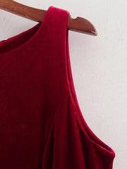 LIZAKOSHT - Women Christmas Red A-line Mini Dress Winter New Women Fashion Simple Sleeveless Slim Velvet Bow Short Dress Vestidos