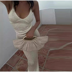 LIZAKOSHT - Sexy Glitter Knitted Slings Long Skirt Set Lady Casual Solid V-neck Tops Shiny Slim High Waist Skirts Sets Women Summer Beach