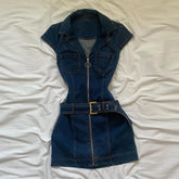 LIZAKOSHT  -  Fashion Denim Short Dress For Women Turn-down Collar Sleeveless Zipper Belt Vestidos 2025 Summer Elegant Female Casual Dresses