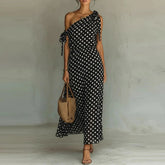LIZAKOSHT - Trendy Asymmetry Slash Collar Polka Dot Print Dress Elegant Tie Up Hollow Out Slim Dress Temperament Lady High Waist Party Dress