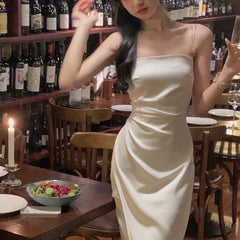 LIZAKOSHT - Elegant Party Spaghetti Strap Midi Dresses for Women Summer Sexy Prom Evening Fashion Female Clothes Blue Folds Satin Dress