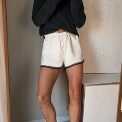 LIZAKOSHT - Spring and Summer Women Satin Low Waist Casual Shorts Elegant Soft Patchwork Lace Fungus Edge Design Beach Travel Sports Shorts