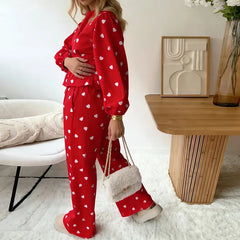 LIZAKOSHT - Womens Pajama Sets Cute Heart Print Long Sleeve Button Down Shirt With Long Pants 2 Piece Holiday Loungewear