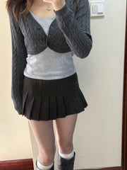 LIZAKOSHT - Coffee Striped Mini Pleated Skirts Women Spring Low Waist A-line Cotton Short Faldas Female Vintage Preppy Style Skirt New