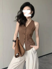 LIZAKOSHT  -  Women's V-Neck Single Breasted Sleeveless Vest New Fashion Summer Linen-Blend Waistcoat For Women Casual Chic Ladies Vest Tops