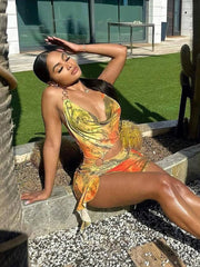 LIZAKOSHT - Summer Tie-dye Print Pile Collar Mesh Mini Dress Vacation For Woman 2024 Sexy Hollow Out Backless Bandage Short Dresses