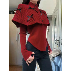 LIZAKOSHT  -  Autumn Winter Coats 2-piece Set Black Red Turtleneck Sweater Slim Knit Pullover Women Clothing Trend Design Skinny Tops Shawl