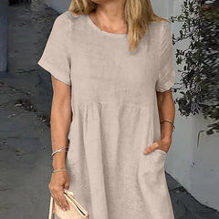 LIZAKOSHT - Plus Size Women Cotton Linen Short Sleeve Midi Spring Shirt Dress Casual Loose Summer Holiday Regular Sundress For Free Shipping