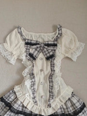 LIZAKOSHT - Japanese Sweet Kawaii Women 2 Piece Set Cute Bow Lace Tops +Mini Puffy Skirt New Fashion Harajuku Y2k Plaid Preppy Style Outfits