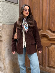 LIZAKOSHT  -  Suede Leather Suit Jacket Coat Vintage Brown Women Cardigan Commuting Fashion Single Breasted Lapel Loose Casual Classic Outwear