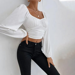 LIZAKOSHT - Women New Casual Party Vacation Waist Long Sleeve Women T-Shirt Super Short Top