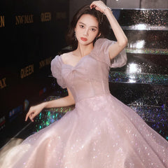 LIZAKOSHT - Shiny Pink Bridesmaid Dresses Sweetheart Puff Sleeve A-Line Pleated Formal Party Glitter Wedding Banquet Prom Evening Gowns