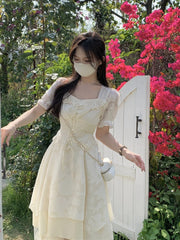 LIZAKOSHT  -  Puff Sleeve Korean Fashion Dress Women Lace France Style Vintage Midi Dress Female White Bandage Princess Retro Sweet Dress