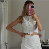 LIZAKOSHT - Fashion Hollow Out Vest Skirt Women Set Sleeveless O-neck Single Breasted Top Min Empire Skirts 2025 Summer Chic Lady Outfit