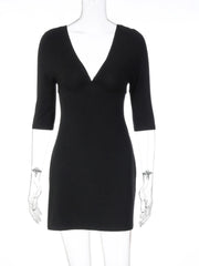LIZAKOSHT - Summer Deep V-neck Backless Solid Short Dress Streetwear Y2K Women's Half Sleeve High Waist A-line Holiday Dresses